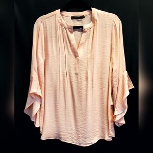 Doe Rae - light pink open ruffled l/s ladies pleated v neck open top